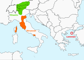 Zones approximatives de répartition de l'étrusque et des autres langues tyrséniennes dans l'Antiquité