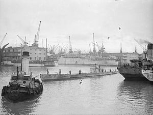 German submarine U-532 was the last of the Monsun Gruppe to return to Europe, and is shown arriving in Liverpool after the German surrender. U-boat Warfare 1939-1945 A28677.jpg