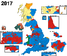 The results of the 2017 and 2019 general elections, showing blocks of Labour support (in red) in the West Midlands, Lancashire and West Yorkshire, and North East England UK General Election 2017-19 result changes.gif