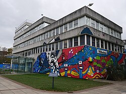 The Wilberforce Building of the University of Hull, recently adorned with street art by students Dan Cullen, Tania Fu and local artist Calvin Innes