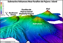 EM300 bathymetry of the three submarine volcanoes in the vicinity of Farallon de Pajaros Island. The data were collected using the EM300 multibeam system mounted on the hull of the R/V Thompson. The grid-cell size is 35 meters. The image is 2 times vertically exaggerated. Uracas 3d hires.jpg