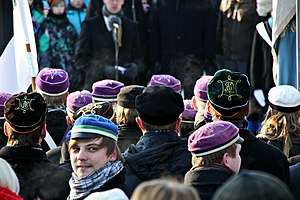 Estonian students celebrating Estonian Independence Day in 2013. Vabariigi aastapaev Tartu Tahetorni juures 24-02-2013 07.JPG