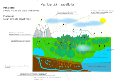 Veden kiertokulku luonnossa. Vettä ei tule lisää, vaan sama vesi kiertää olomuotoaan muuttaen.