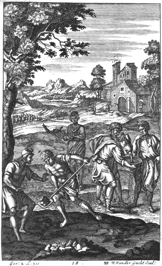 Illustration of Georgic 2, line 310, "The light for Vines, the heavier for the Plough"