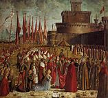 Vittore carpaccio, Pilgrimme møder paven 01.jpg