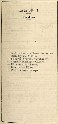 Papeletas de voto por la lista de candidatos del Partido Regionalista de Magallanes y el Partido Socialista de Chile en las elecciones de regidores de 1941 por las comunas de Punta Arenas (izquierda) y Tierra del Fuego (derecha).