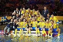 Swedish national team celebrating 2022 IFF Floorball Championship WFC2022 Final Sweden vs Czech Republic 03 Winners.jpg