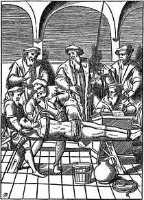 The Water Torture--Facsimile of a woodcut in J. Damhoudere's Praxis Rerum Criminalium, Antwerp, 1556. Water cure.jpg