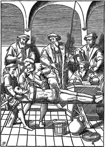 The torture of water, in a 1556 woodcut