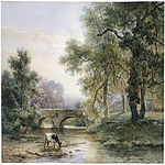 W. Roelofs, Wooded Landscape with Stone Bridge over a River, 1852, watercolor on paper