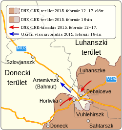 Az ukrán erők körbe kerítését és Debalcevéből való kivonulását bemutató térkép