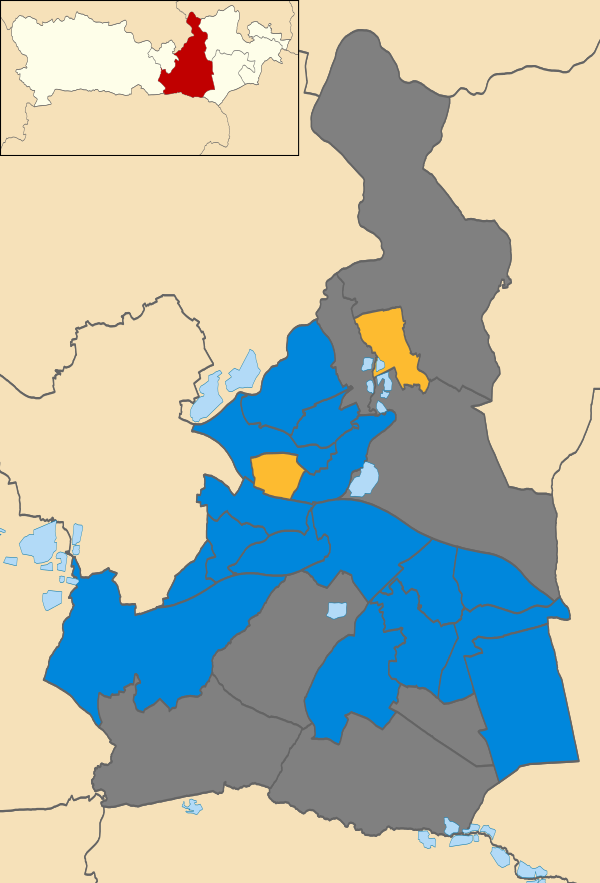 Map of the results of the 2011 Wokingham council election. Conservatives in blue and Liberal Democrats in yellow. Wards in grey were not contested in 2011.