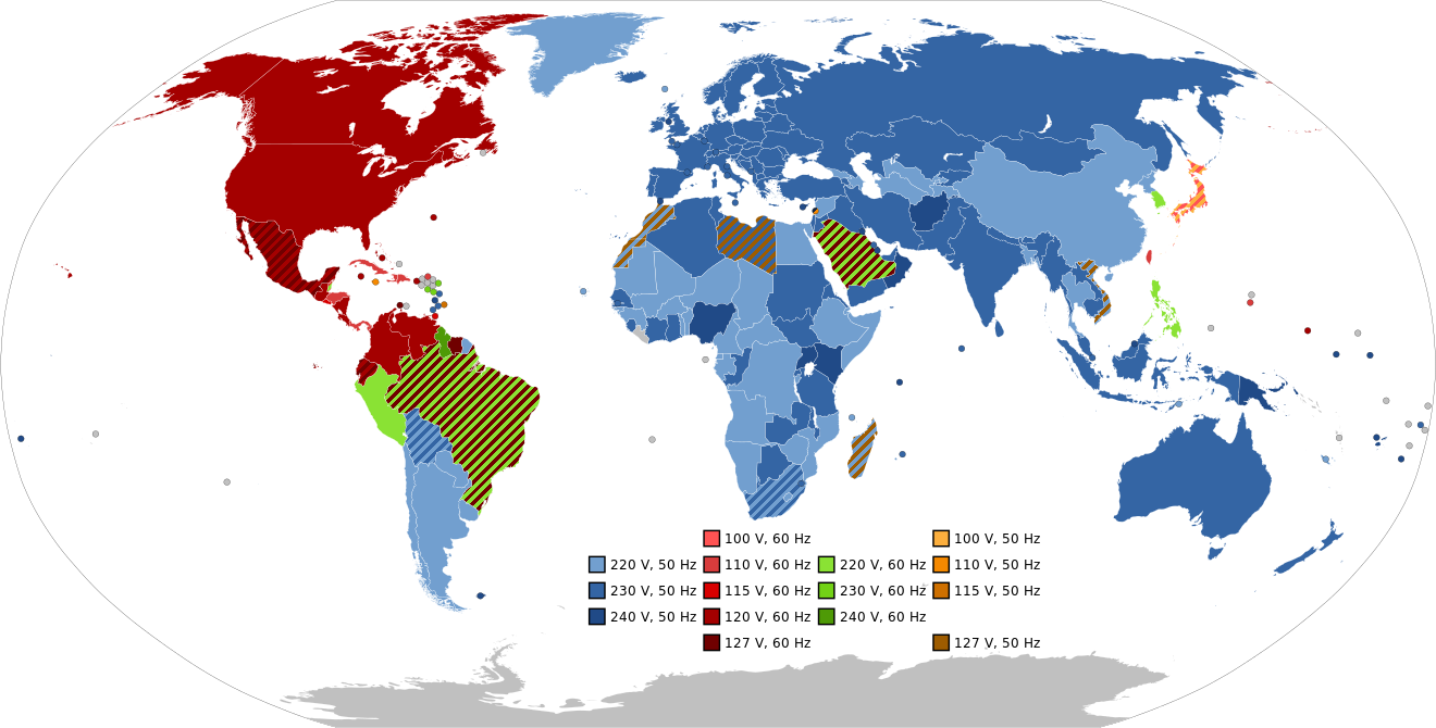 World map of mains voltage and frequencies