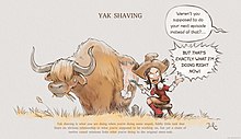 Illustration by David Revoy of the metaphor yak shaving. The character Pepper is depicted literally shaving a yak. Yak shaving.jpg