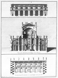 Querschnitt durch das Schiff und Aufrisse der Mittelschiffs­wand, Entwurf von Lorenzo Zucchi nach Gaetano Chiaveri, Kupferstich­kabinett Dresden