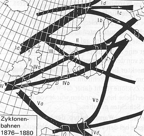 Map of cyclone tracks over Europe, showing divergence of track V over the Ligurian sea and north Adriatic