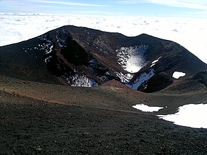 Извержения 2002—2003 годов. Поверхность кратера засыпана вулканическим пеплом и камнями