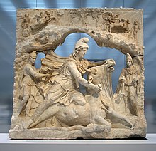 Marble relief of Mithras slaying the bull (2nd century, Louvre-Lens); Mithraism was among the most widespread mystery religions of the Roman Empire. 0 Relief representant Mithra - Louvre-Lens (2).JPG