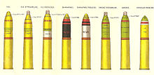 18-pounder rounds in British service in 1939. 'Reduced' means a reduced propelling charge. Older rounds were also available. Fuze No 115 was a streamlined version of No 106. Armour-piercing shell had a base fuze, No 12 18-pr rds 1939.jpg