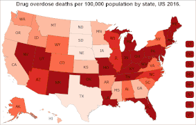 Drug overdose deaths per 100,000 people   6.9–11   11.1–13.5   13.6–16.0   16.1–18.5   18.6–21.0   21.1–52.0