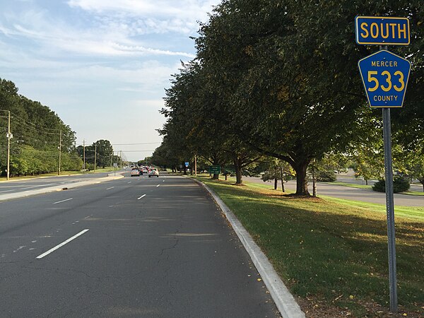 CR 533 southbound past the US 1 interchange on the border of West Windsor Township and Lawrence Township