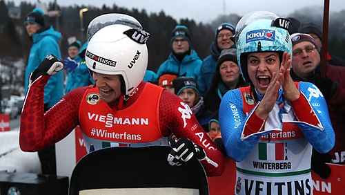 Kevin Fischnaller and Andrea Vötter at the Team Relay competition at 2019 FIL Luge World Championships in Winterberg, Germany