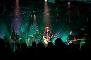 Alcest performing in 2020. From left to right: Zero, Winterhalter, Neige, Indria Saray