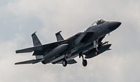 A US Air Force F-15C Eagle, tail number 81-0020, on final approach at Kadena Air Base in Okinawa, Japan