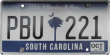 2020 South Carolina passenger car rear license plate.png