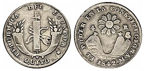 Moeda de 4 reais ecuatorianos de 1842.[8]