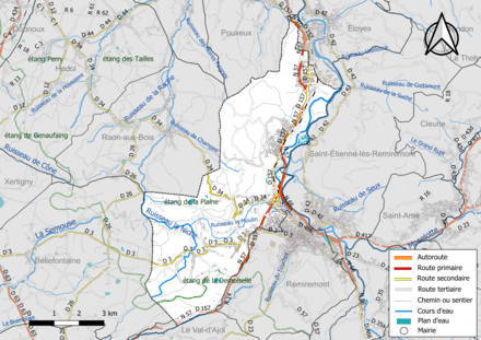 Carte en couleur présentant le réseau hydrographique de la commune