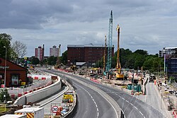 A general overview of construction work on the Castle Street section of the A63 during a weekend road closure.