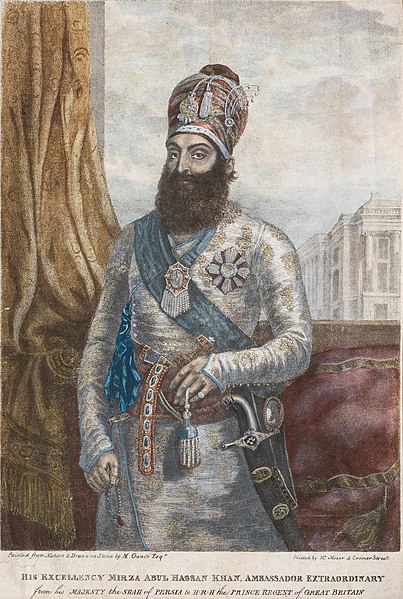 A hand-coloured lithograph depicting Mirza Abolhassan Khan Ilchi. Made by Maxim Gauci in 1819