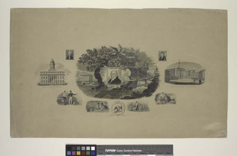 File:A sheet of vignettes. . .including depictions of Stephen Girard on rock by waterside, New York Exchange, Philadelphia Exchange, portraits of Washington and Lafayette, Washington crossing the (NYPL Hades-1785948-1650734).tiff