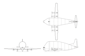 Orthographic diagram of the 377-SGT Aero Spacelines 377SG Super Guppy 3-view.svg