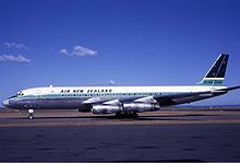 A Douglas DC-8 at Sydney Airport in the early 1970s. Air New Zealand was an early operator of the DC-8. Note the pre-1973 livery with the Southern Cross on the tail. Air New Zealand Douglas DC-8 SYD Wheatley.jpg