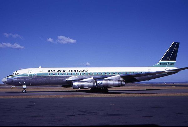 A Douglas DC-8 at Sydney Airport in the early 1970s. Air New Zealand was an early operator of the DC-8. Note the pre-1973 livery with the Southern Cro