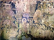 Many foreign ambassadors, representatives, and travelers are included as devotees attending the Buddha's descent from Trayastrimsa Heaven; painting from Cave 17 of the Ajanta Caves.