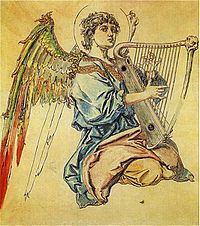 Angel playing the harp label QS:Len,"Angel playing the harp" label QS:Lpl,"Anioł grający na cytrze" (Cardboard for polychrome to St. Mary's Church) акварель medium QS:P186,Q22915256 , 1895, 128,5 × 117 см