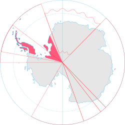 Kartta, johon on merkitty sektoreittain eri valtioiden aluevaatimukset. Argentiinan aluevaatimus sijaitsee Länsi-Etelämantereella.