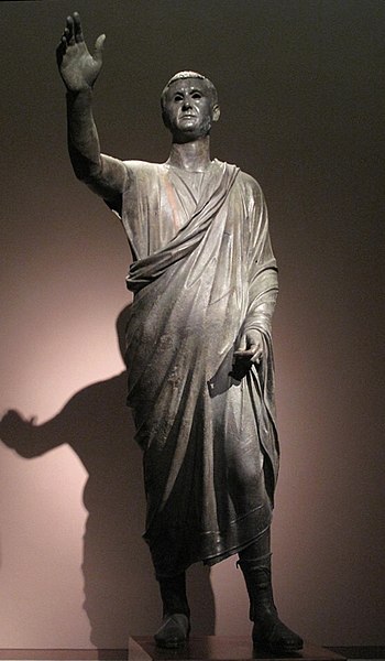 The Orator, c. 100 BCE, an Etrusco-Roman bronze sculpture depicting Aule Metele (Latin: Aulus Metellus), an Etruscan man wearing a Roman toga while en