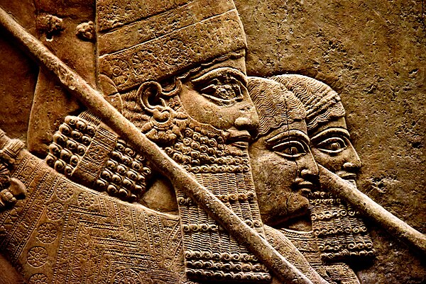 7th-century BC relief depicting Ashurbanipal (r. 669–631 BC) and two royal attendants