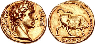 10 BC, with bull butting (symbol of Caesar's legions).