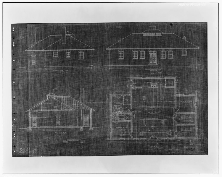 File:BLDG. -56; PHOTOCOPY OF BLUEPRINT OF WORKING DRAWING OF FRONT AND SIDE ELEVATIONS, FLOOR PLAN AND CROSS SECTION - Fort MacArthur, Pacific Avenue, San Pedro, Los Angeles County, HABS CAL,19-SANPE,2-53.tif