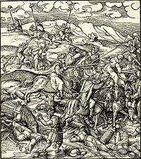 The woodcut by Leonhard Beck, from c. 1515, depicts the Battle of Krbava Field between the Army of Croatian nobility and Ottoman akinjis. Battle of Krbava Field.jpg
