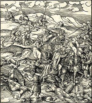 Znázornění bitvy na poli Krbava.  (Dřevoryt Leonhard Beck, kolem 1514-16)