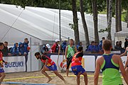 Deutsch: Beachhandball Europameisterschaften 2019 (Beach handball Euro); Tag 3: 4. Juli 2019 – Männer, Hauptrunde Gruppe I, Dänemark-Spanien 2:0 (23:20, 29:22) English: Beach handball Euro; Day 3: 4 July 2019 – Men Main Round Group I – Denmark-Spain 2:0 (23:20, 29:22)