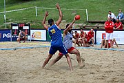 Deutsch: Beachhandball Europameisterschaften 2019 (Beach handball Euro); Tag 6: 7. Juli 2019 – Platzierungsspiele Rang 13-16 Männer, Rumänien-Serbien 2:0 (21:18, 22:20) English: Beach handball Euro; Day 6: 7 July 2019 – Placement Match 13–16 Men – Romania-Serbia 2:0 (21:18, 22:20)