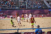 Deutsch: Beachhandball bei den Olympischen Jugendspielen 2018; Tag 4, 10. Oktober 2018; Jungs, Vorrunde, Gruppe A - Spanien-Venezuela 2:0 English: Beach handball at the 2018 Summer Youth Olympics at 10 October 2018 – Boys Preliminary Round Group A – Spain-Venezuela 2:0