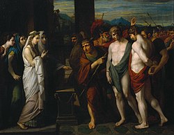 Orestes ja Pylades tuodaan Ifigeneian eteen. Benjamin Westin maalaus, 1766.